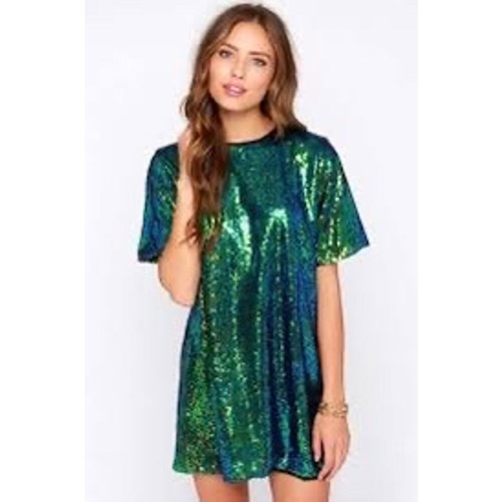 Crown & Ivy Blue Green Sequin Short Sleeve Mini Shift Dress Size Medium